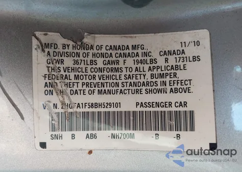 2011 Honda Civic Lx из США, поврежденный, VIN 2HGFA1F58BH529101